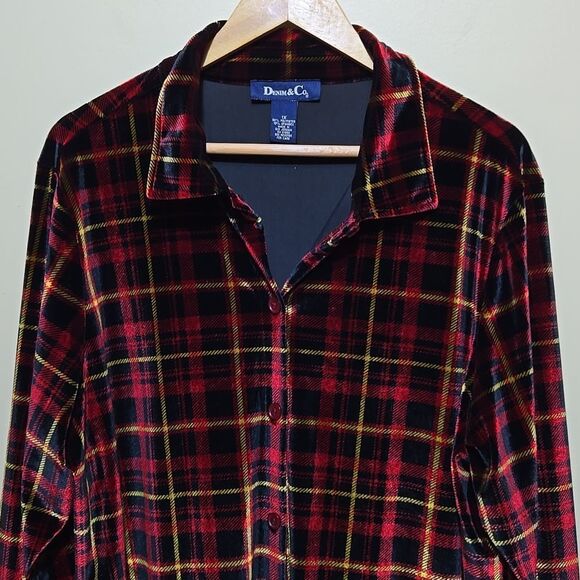 Plaid Velvet Button Up Blouse Holiday Top Christmas Stretch Plus Size 1X - Picture 3 of 12